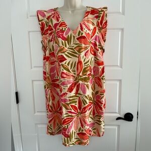 Nicole Miller Vibrant Floral Flutter Sleeve 100% Linen Shift Dress Tropical XL